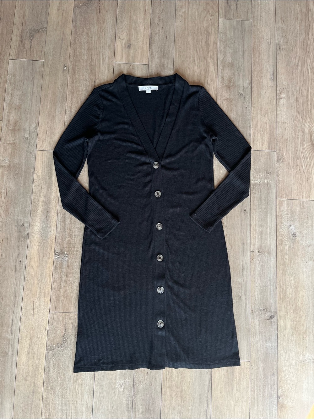 LOFT Long Ribbed Cardigan Black Button Front Midi Duster Women’s Small - Picture 4 of 11